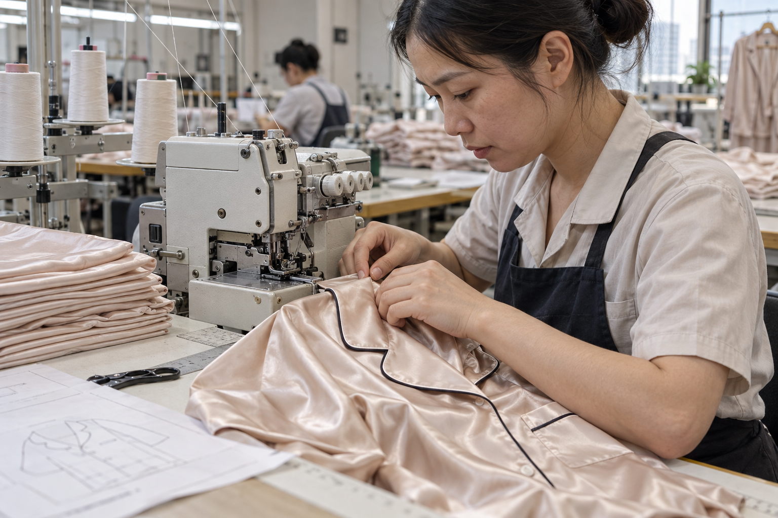 Asian sewing technician stitching contrast piping onto a champagne satin pajama collar