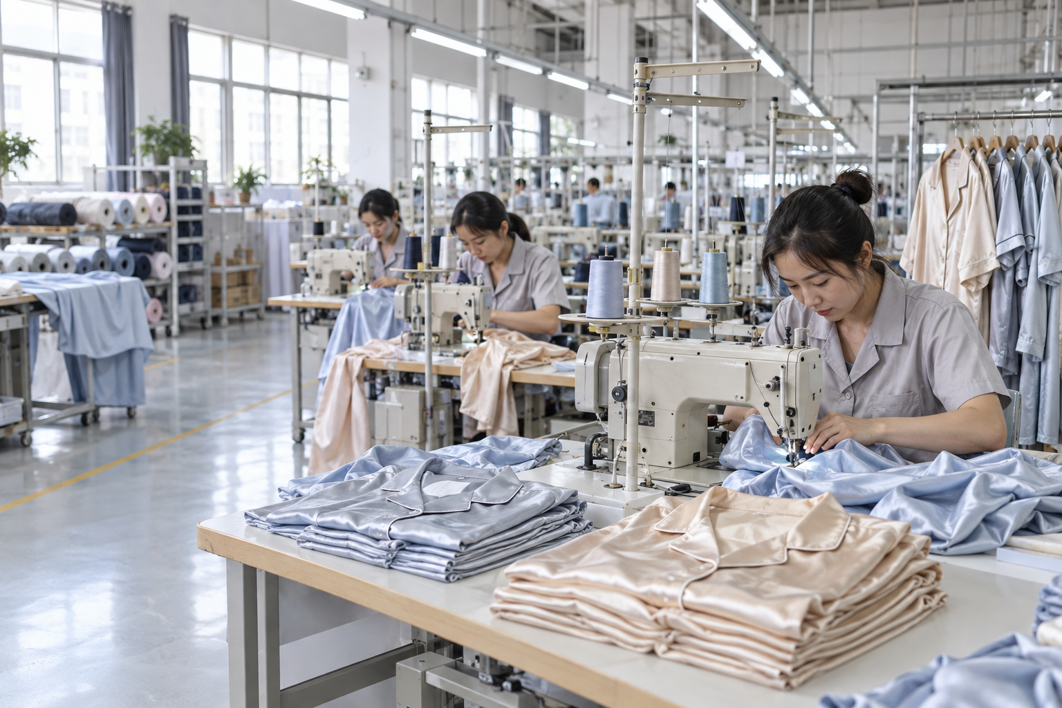 Asian garment workers sewing satin pajamas on a bright Shenzhen factory floor