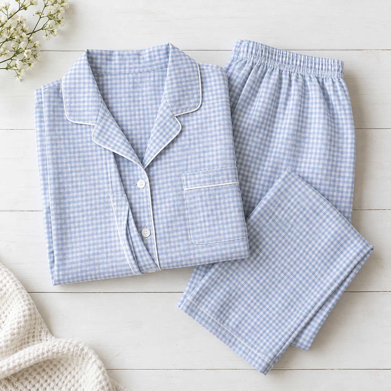 Pale blue gingham cotton nursing pajama set