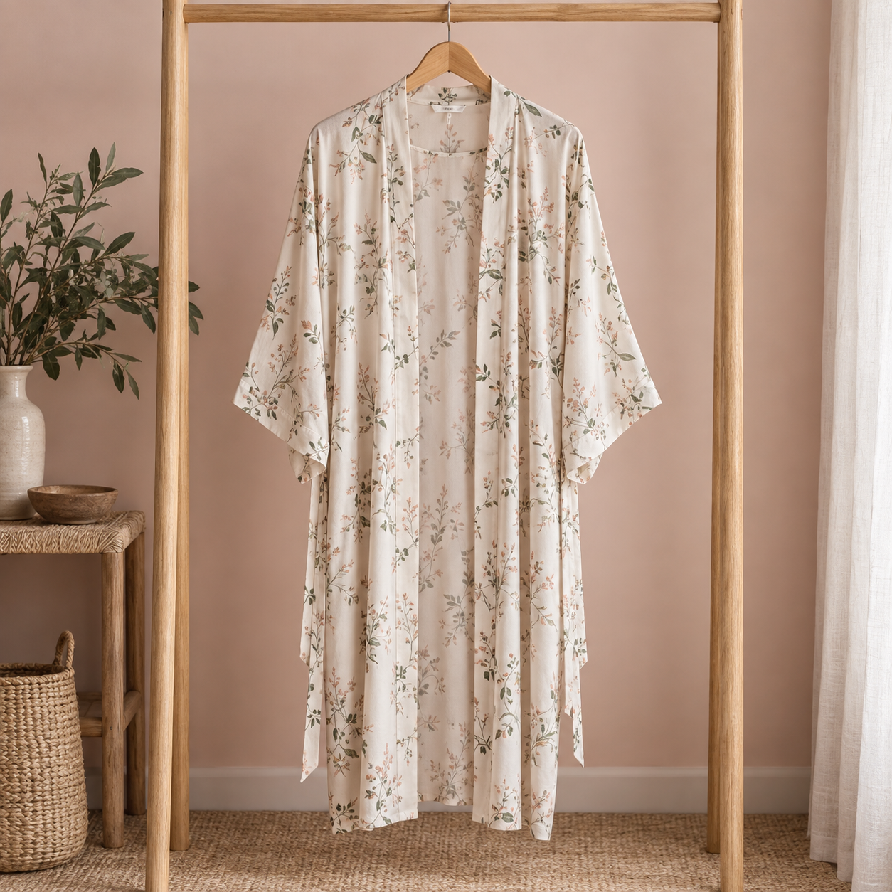 Ivory viscose kimono robe with a muted botanical print